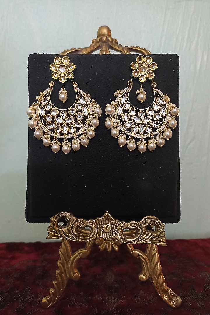 Gold Finish Kundan Polki & Pearl Chandbali Earrings by Turquoise Jewels at Pernia's Pop Up Shop
