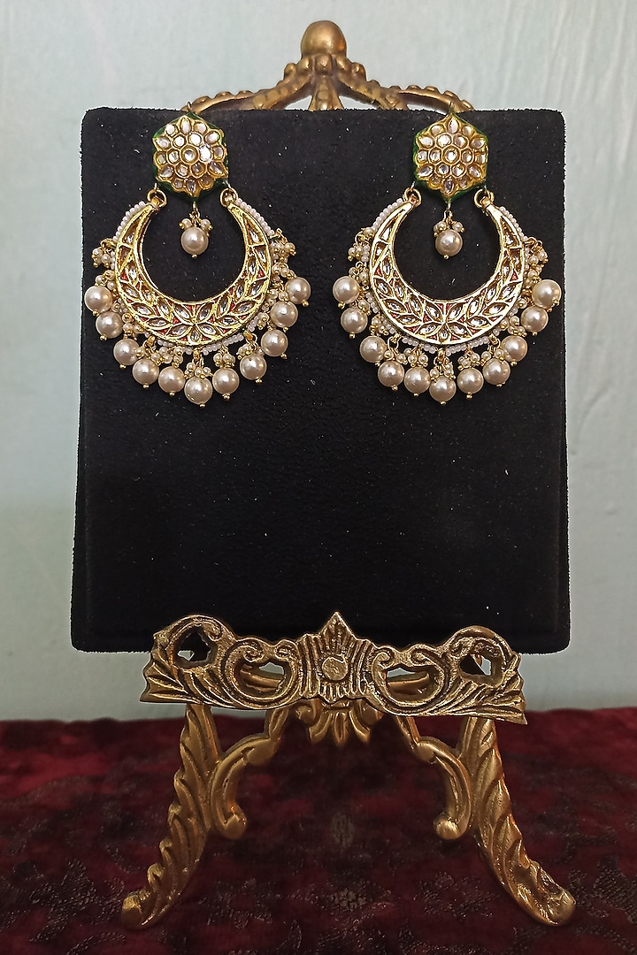 Gold Finish Kundan Polki & Pearl Chandbali Earrings by Turquoise Jewels at Pernia's Pop Up Shop
