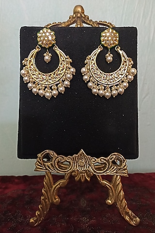 Gold Finish Kundan Polki & Pearl Chandbali Earrings by Turquoise Jewels