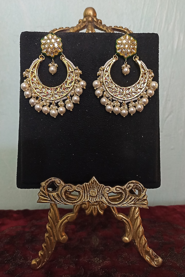 Gold Finish Kundan Polki & Pearl Chandbali Earrings by Turquoise Jewels at Pernia's Pop Up Shop