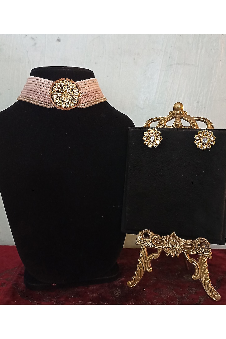 Gold Finish Kundan Polki & Peach Semi-Precious Stone Choker Necklace Set by Turquoise Jewels at Pernia's Pop Up Shop