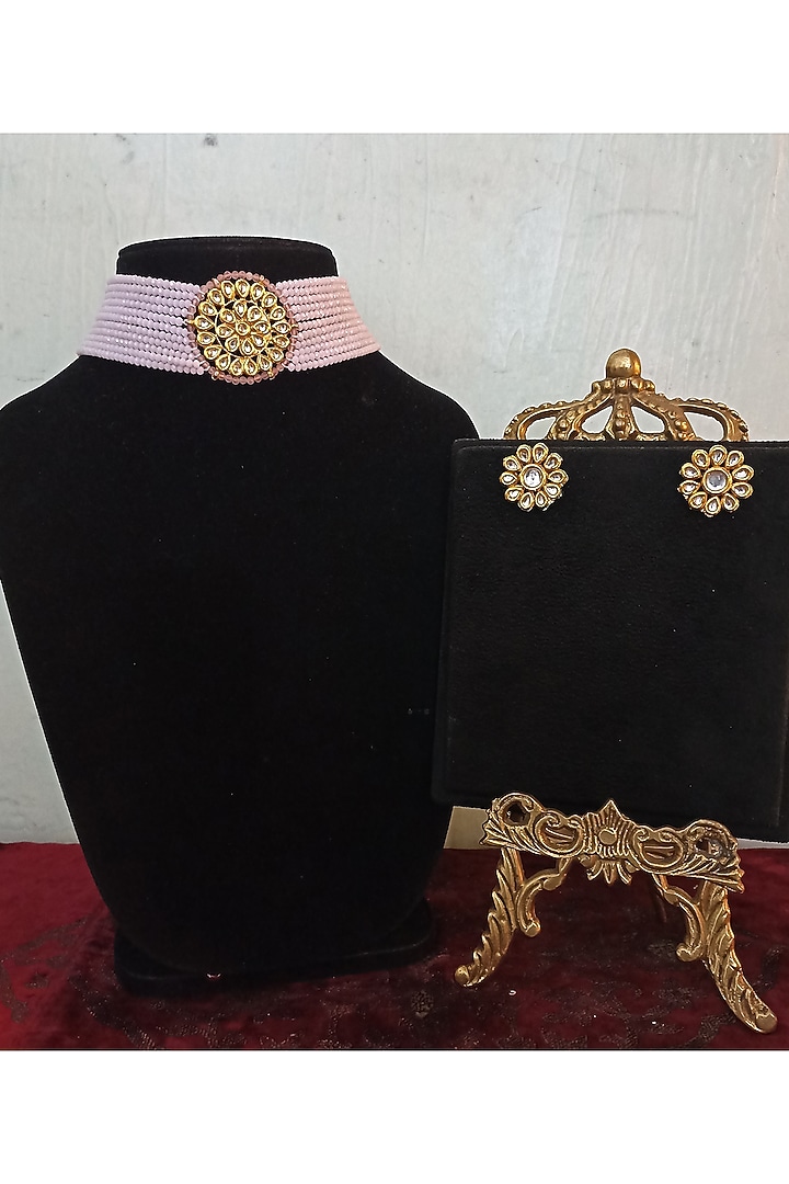 Gold Finish Kundan Polki & Pink Semi-Precious Stone Choker Necklace Set by Turquoise Jewels at Pernia's Pop Up Shop
