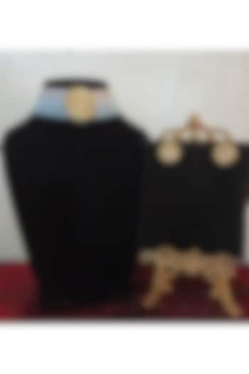 Gold Finish Kundan Polki & Turquoise Semi-Precious Stone Choker Necklace Set by Turquoise Jewels at Pernia's Pop Up Shop