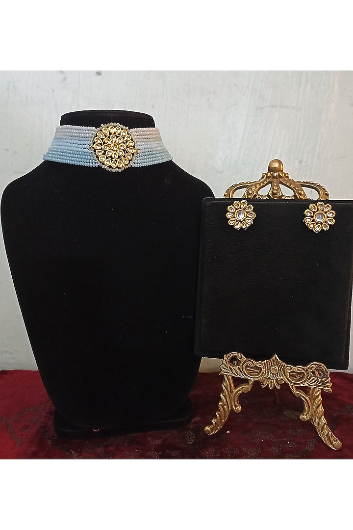 Gold Finish Kundan Polki & Turquoise Semi-Precious Stone Choker Necklace Set by Turquoise Jewels at Pernia's Pop Up Shop