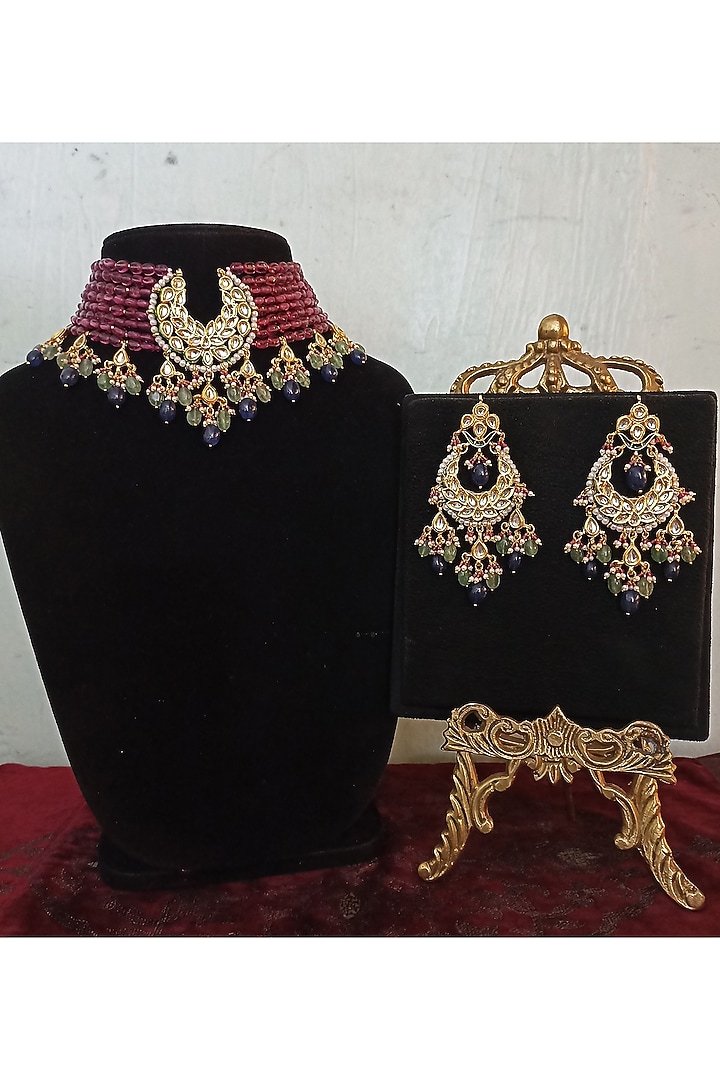 Gold Finish Kundan Polki & Multi-Colored Semi-Precious Stone Choker Necklace Set by Turquoise Jewels at Pernia's Pop Up Shop