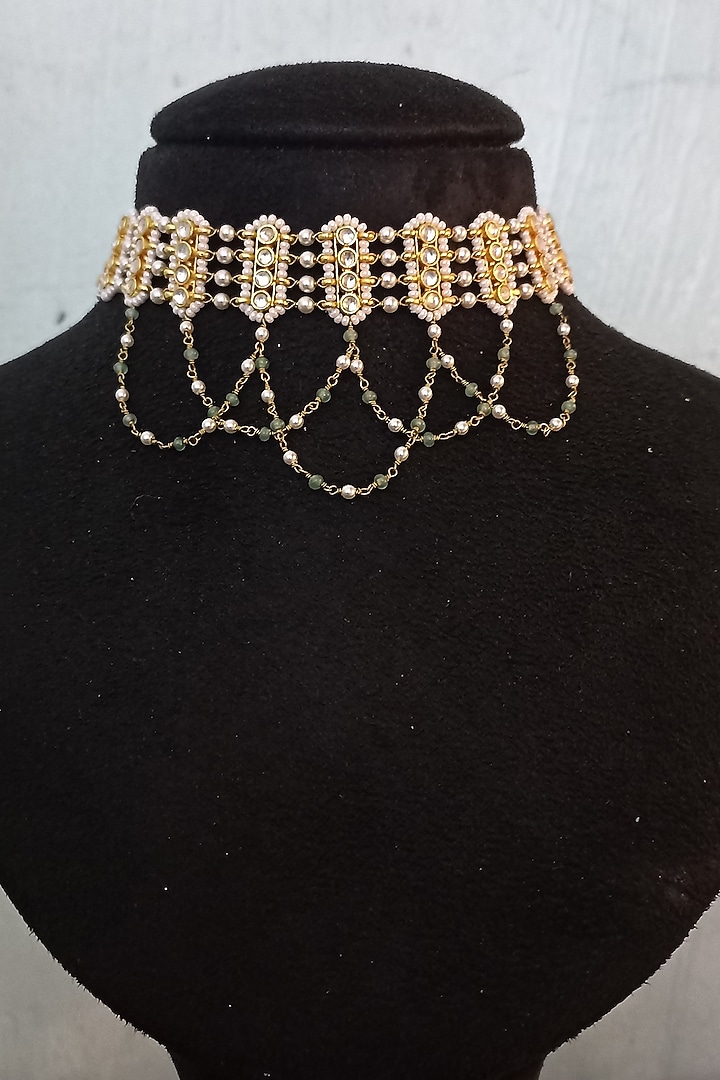 Gold Finish Kundan Polki & Green Semi-Precious Stone Choker Necklace Set by Turquoise Jewels at Pernia's Pop Up Shop