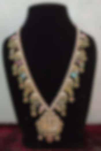 Gold Finish Kundan Polki & Multi-Colored Semi-Precious Stone Choker Necklace Set by Turquoise Jewels at Pernia's Pop Up Shop