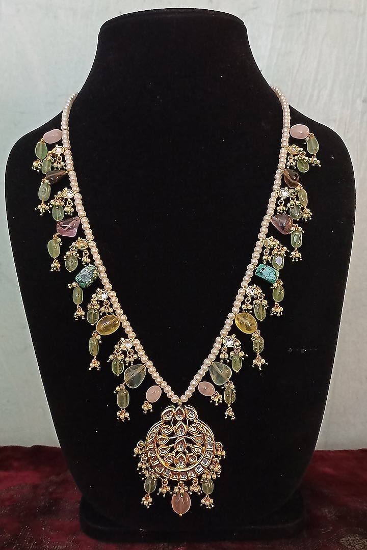 Gold Finish Kundan Polki & Multi-Colored Semi-Precious Stone Choker Necklace Set by Turquoise Jewels at Pernia's Pop Up Shop