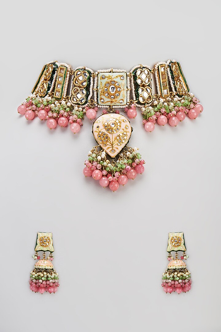 Gold Finish Semi-Precious Stone & Pearl Meenakari Necklace Set by Turquoise Jewels at Pernia's Pop Up Shop