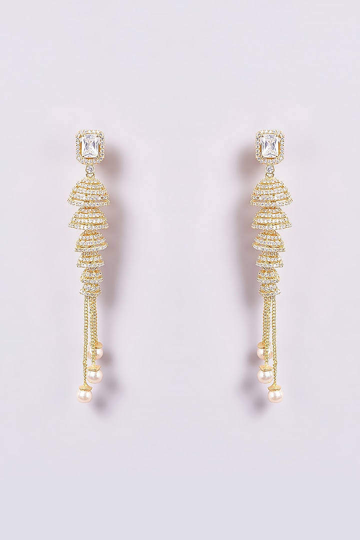 Gold Finish Zircon & Pearl Dangler Earrings by Turquoise Jewels at Pernia's Pop Up Shop
