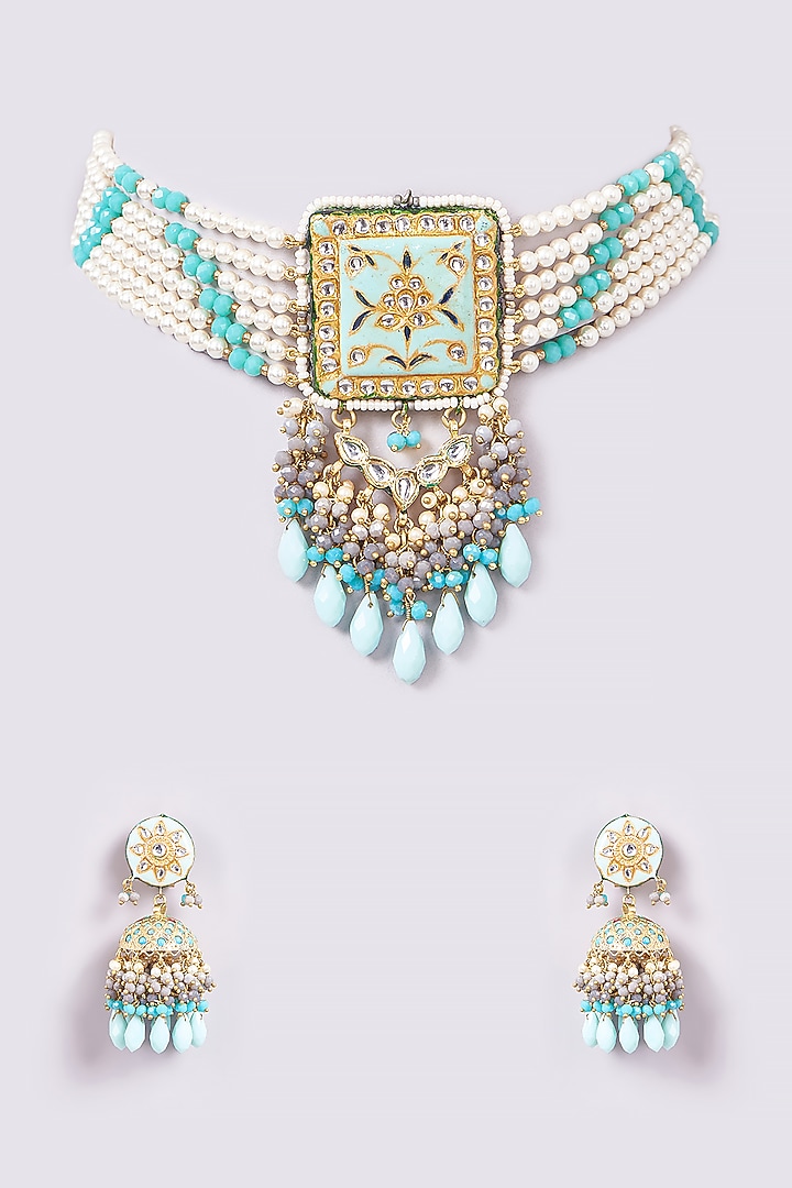 Gold Finish Turquoise Semi-Precious Stone & Pearl Choker Necklace Set by Turquoise Jewels at Pernia's Pop Up Shop