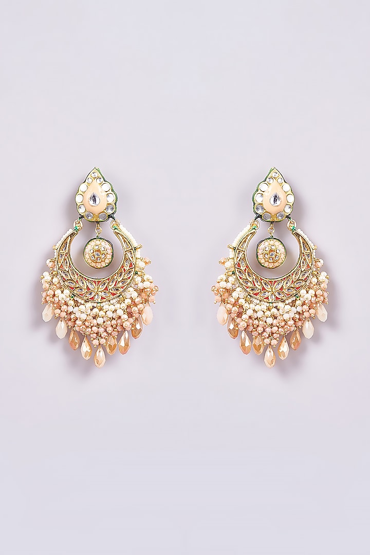 Gold Finish Peach Semi-Precious Stone Meenakari Dangler Earrings by Turquoise Jewels at Pernia's Pop Up Shop