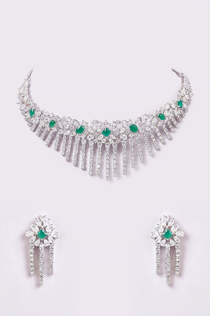 White Finish Zircon & Green Semi-Precious Stone Necklace Set by Turquoise Jewels at Pernia's Pop Up Shop