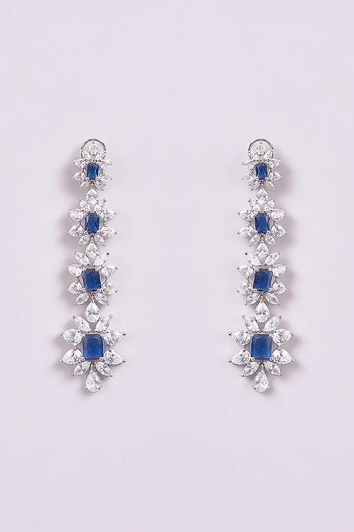 White Finish Zircon & Blue Semi-Precious Stone Dangler Earrings by Turquoise Jewels at Pernia's Pop Up Shop