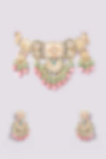 Gold Finish Pink Semi-Precious Stone Meenakari Necklace Set by Turquoise Jewels at Pernia's Pop Up Shop