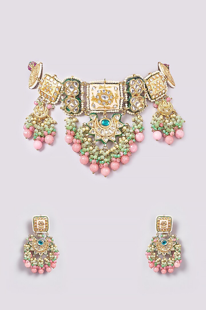 Gold Finish Pink Semi-Precious Stone Meenakari Necklace Set by Turquoise Jewels at Pernia's Pop Up Shop