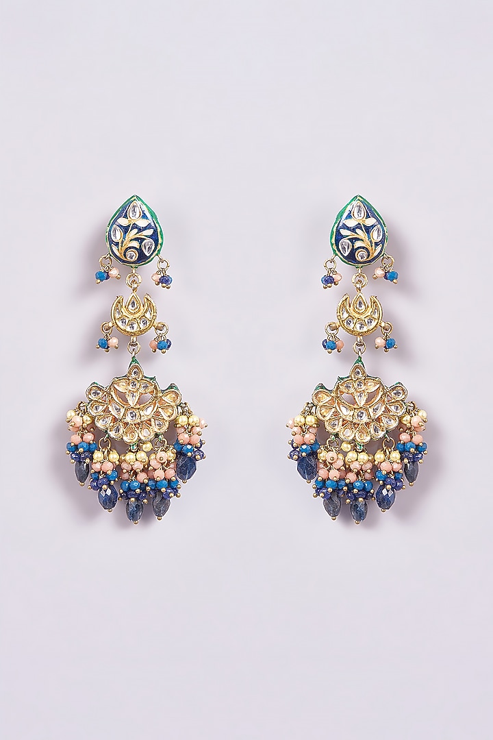 Gold Finish Blue Semi-Precious Stone Meenakari Dangler Earrings by Turquoise Jewels at Pernia's Pop Up Shop