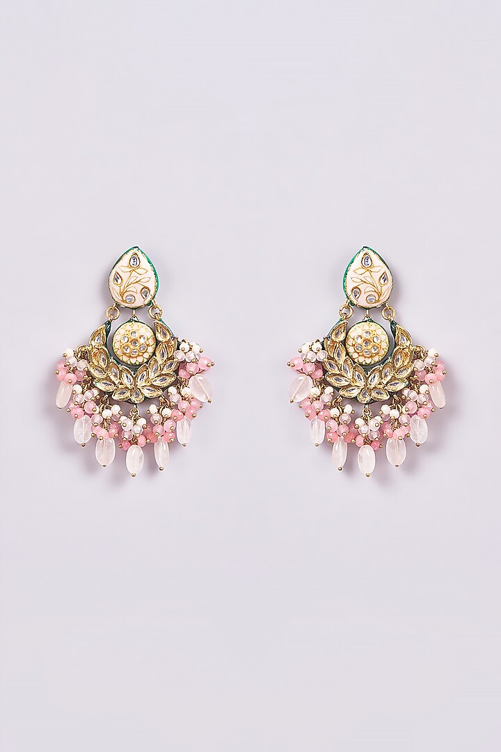 Gold Finish Pink Semi-Precious Stone & Pearl Meenakari Dangler Earrings by Turquoise Jewels at Pernia's Pop Up Shop