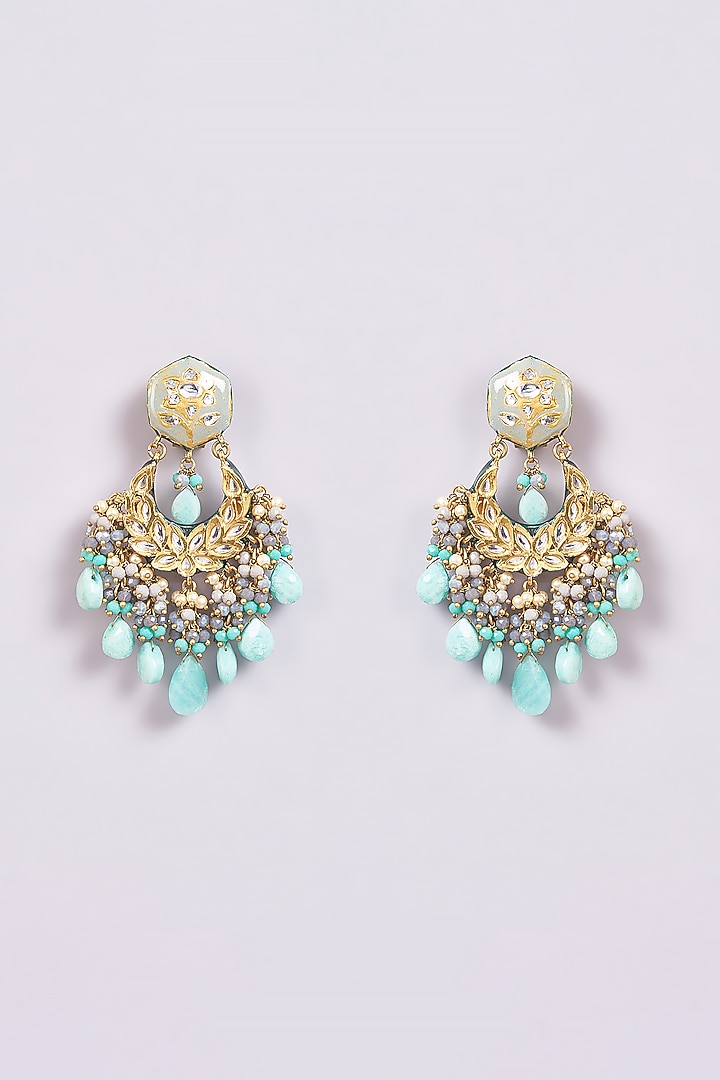Gold Finish Turquoise Semi-Precious Stone & Pearl Meenakari Dangler Earrings by Turquoise Jewels at Pernia's Pop Up Shop