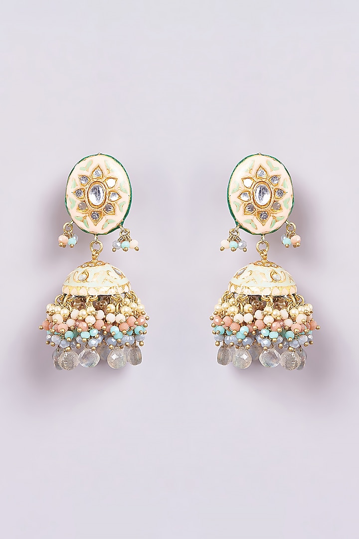 Gold Finish Peach Semi-Precious Stone & Pearl Meenakari Dangler Earrings by Turquoise Jewels at Pernia's Pop Up Shop
