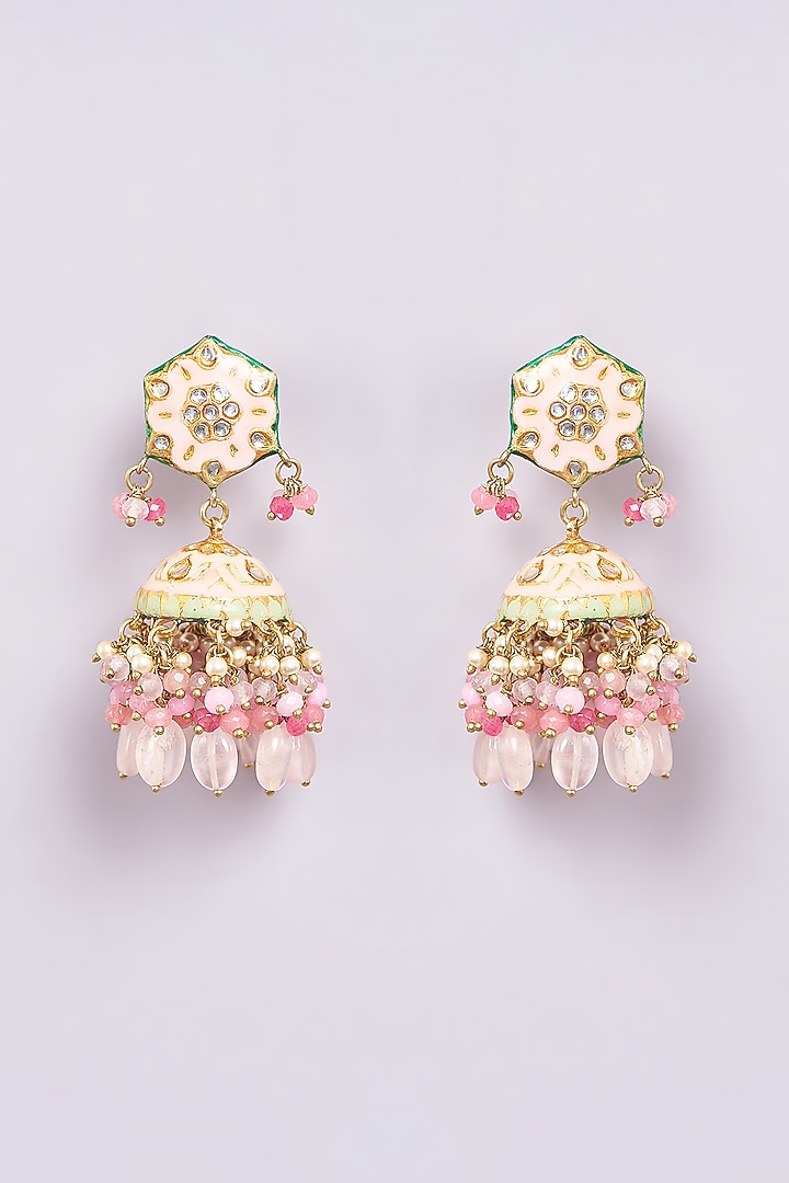 Gold Finish Pink Semi-Precious Stone & Pearl Meenakari Dangler Earrings by Turquoise Jewels at Pernia's Pop Up Shop
