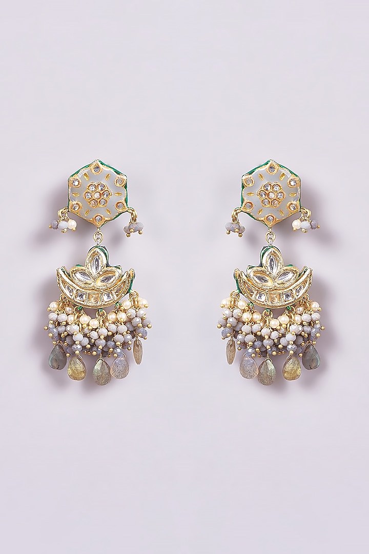 Gold Finish Grey Semi-Precious Stone & Pearl Meenakari Dangler Earrings by Turquoise Jewels at Pernia's Pop Up Shop