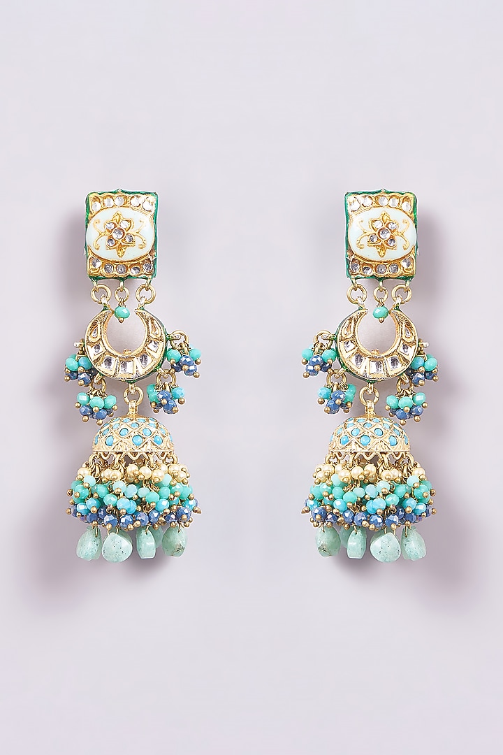 Gold Finish Turquoise Semi-Precious Stone & Pearl Meenakari Dangler Earrings by Turquoise Jewels at Pernia's Pop Up Shop