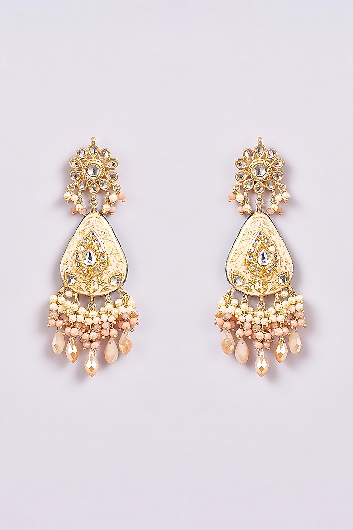 Gold Finish Peach Semi-Precious Stone & Pearl Meenakari Dangler Earrings by Turquoise Jewels at Pernia's Pop Up Shop