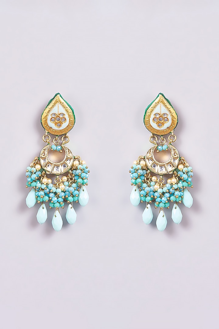 Gold Finish Turquoise Semi-Precious Stone & Pearl Meenakari Dangler Earrings by Turquoise Jewels at Pernia's Pop Up Shop