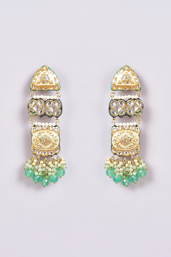 Gold Finish Green Semi-Precious Stone & Pearl Meenakari Dangler Earrings by Turquoise Jewels at Pernia's Pop Up Shop