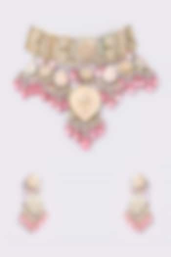 Gold Finish Pink Semi-Precious Stone & Pearl Meenakari Necklace Set by Turquoise Jewels at Pernia's Pop Up Shop