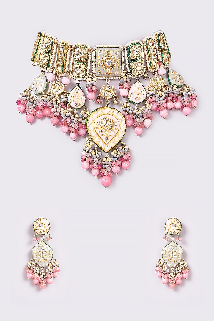 Gold Finish Pink Semi-Precious Stone & Pearl Meenakari Necklace Set by Turquoise Jewels at Pernia's Pop Up Shop