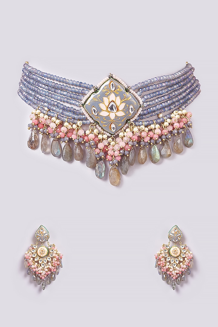 Gold Finish Grey Semi-Precious Stone & Pearl Meenakari Necklace Set by Turquoise Jewels at Pernia's Pop Up Shop