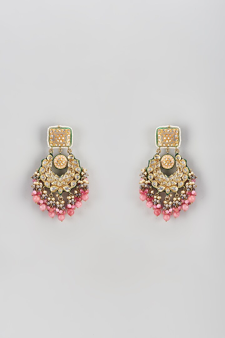Gold Finish Semi-Precious Stone & Pearl Meenakari Dangler Earrings by Turquoise Jewels at Pernia's Pop Up Shop