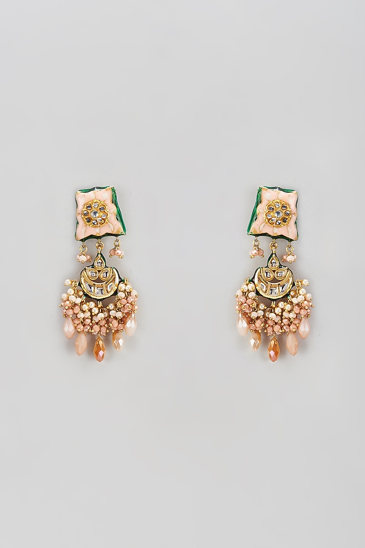 Gold Finish Semi-Precious Stone & Pearl Meenakari Dangler Earrings by Turquoise Jewels at Pernia's Pop Up Shop