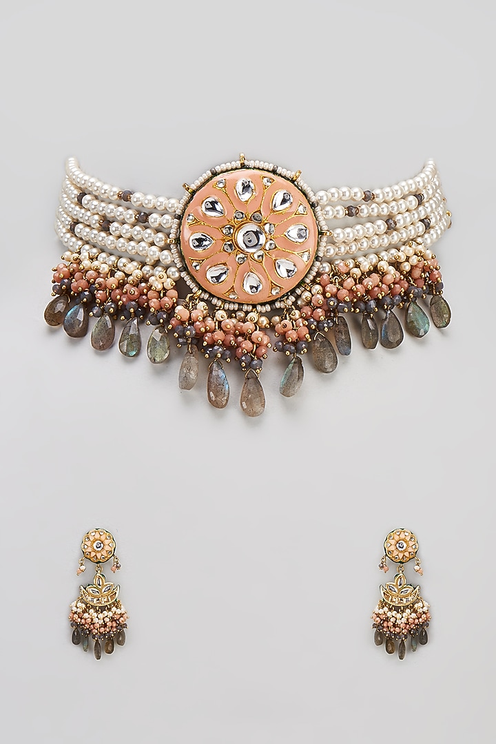 Gold Finish Semi-Precious Stone & Pearl Meenakari Necklace Set by Turquoise Jewels at Pernia's Pop Up Shop