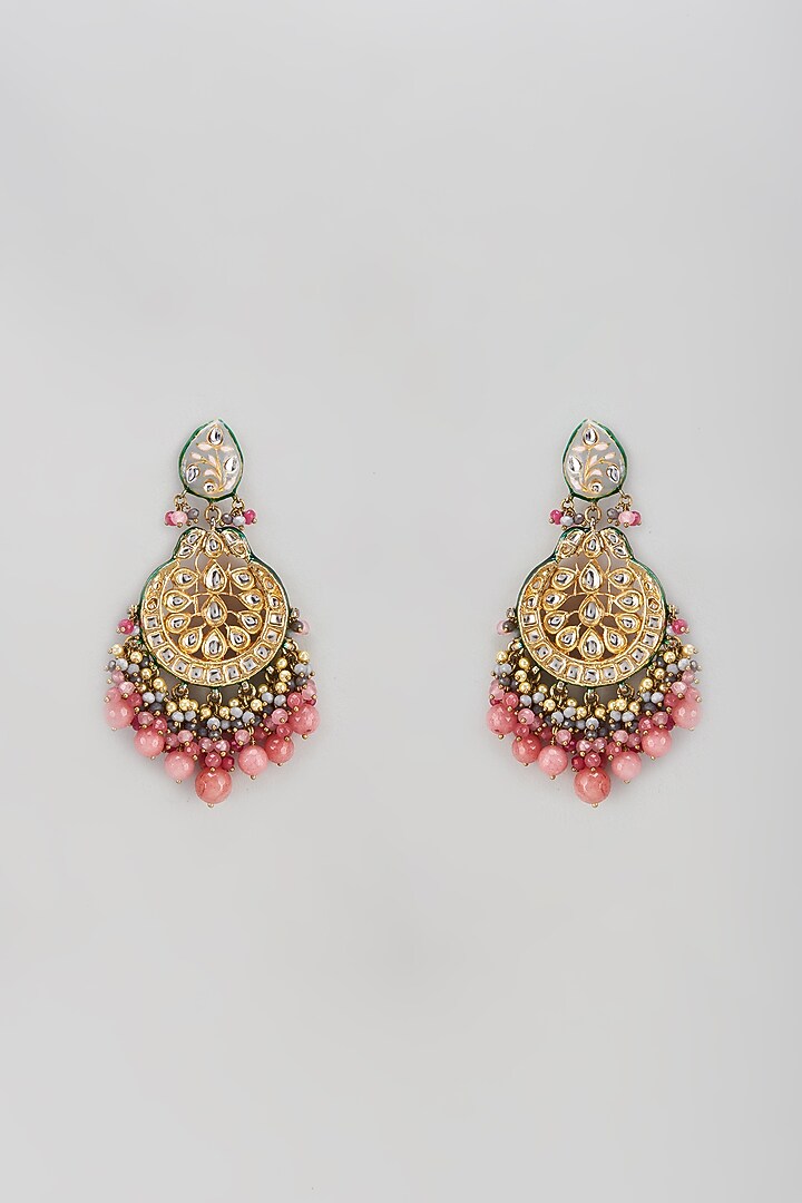 Gold Finish Semi-Precious Stone & Pearl Meenakari Dangler Earrings by Turquoise Jewels at Pernia's Pop Up Shop