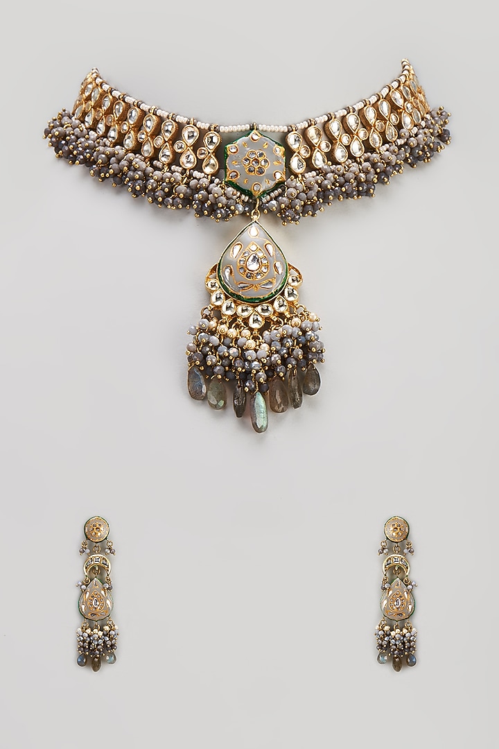Gold Finish Semi-Precious Stone & Pearl Meenakari Necklace Set by Turquoise Jewels at Pernia's Pop Up Shop