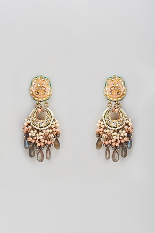 Gold Finish Semi-Precious Stone & Pearl Meenakari Dangler Earrings by Turquoise Jewels