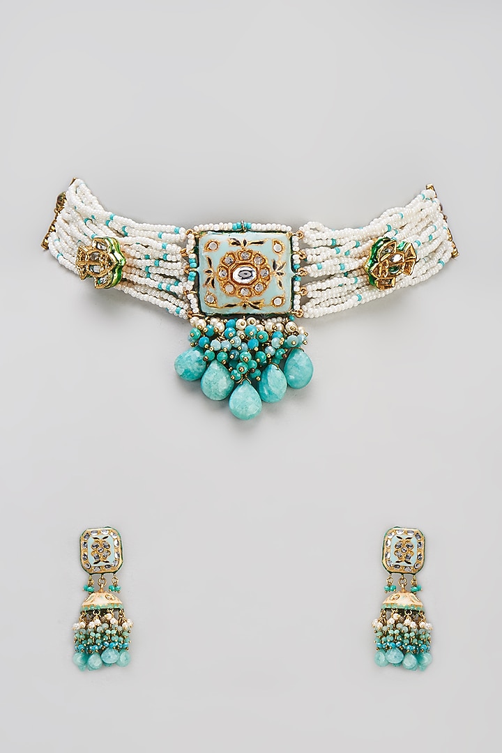 Gold Finish Semi-Precious Stone & Pearl Meenakari Necklace Set by Turquoise Jewels at Pernia's Pop Up Shop