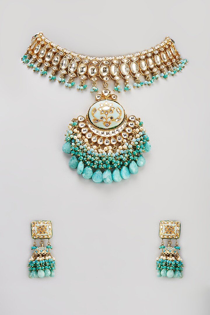 Gold Finish Semi-Precious Stone & Pearl Meenakari Necklace Set by Turquoise Jewels at Pernia's Pop Up Shop