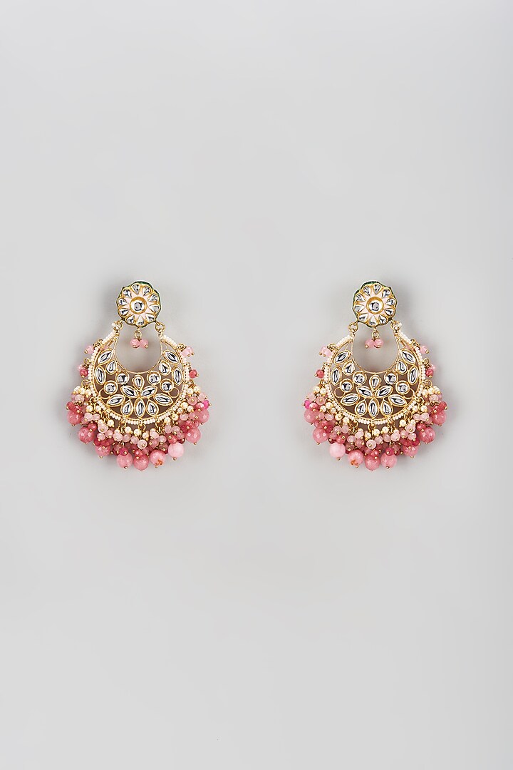 Gold Finish Semi-Precious Stone & Pearl Meenakari Dangler Earrings by Turquoise Jewels at Pernia's Pop Up Shop