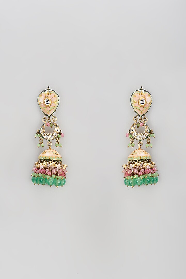Gold Finish Semi-Precious Stone & Pearl Meenakari Dangler Earrings by Turquoise Jewels at Pernia's Pop Up Shop
