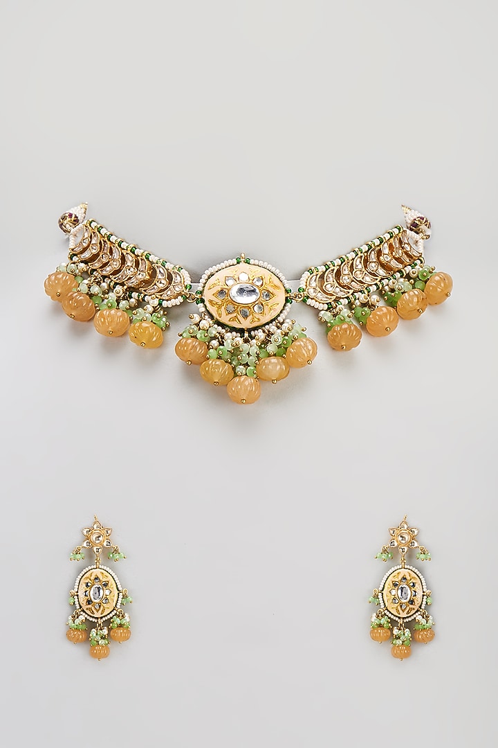Gold Finish Semi-Precious Stone & Pearl Meenakari Necklace Set by Turquoise Jewels at Pernia's Pop Up Shop