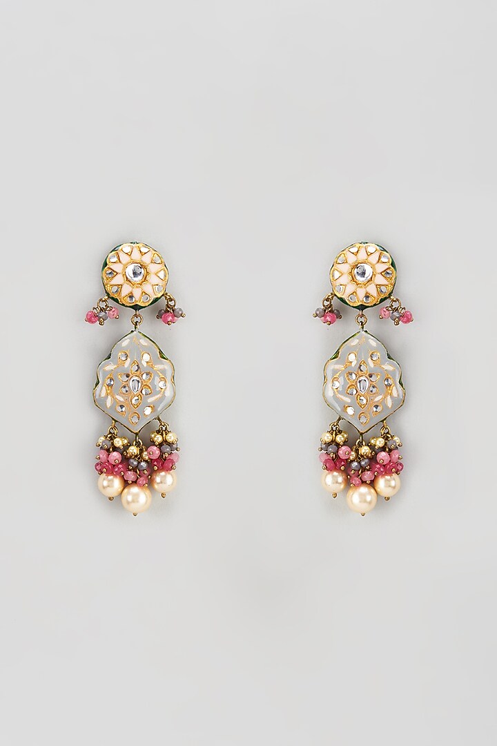 Gold Finish Semi-Precious Stone & Pearl Meenakari Dangler Earrings by Turquoise Jewels at Pernia's Pop Up Shop