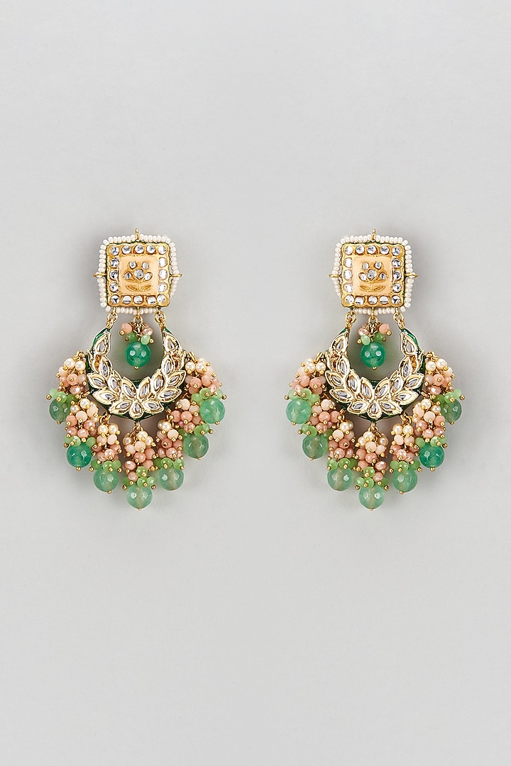 Gold Finish Semi-Precious Stone & Pearl Meenakari Dangler Earrings by Turquoise Jewels at Pernia's Pop Up Shop