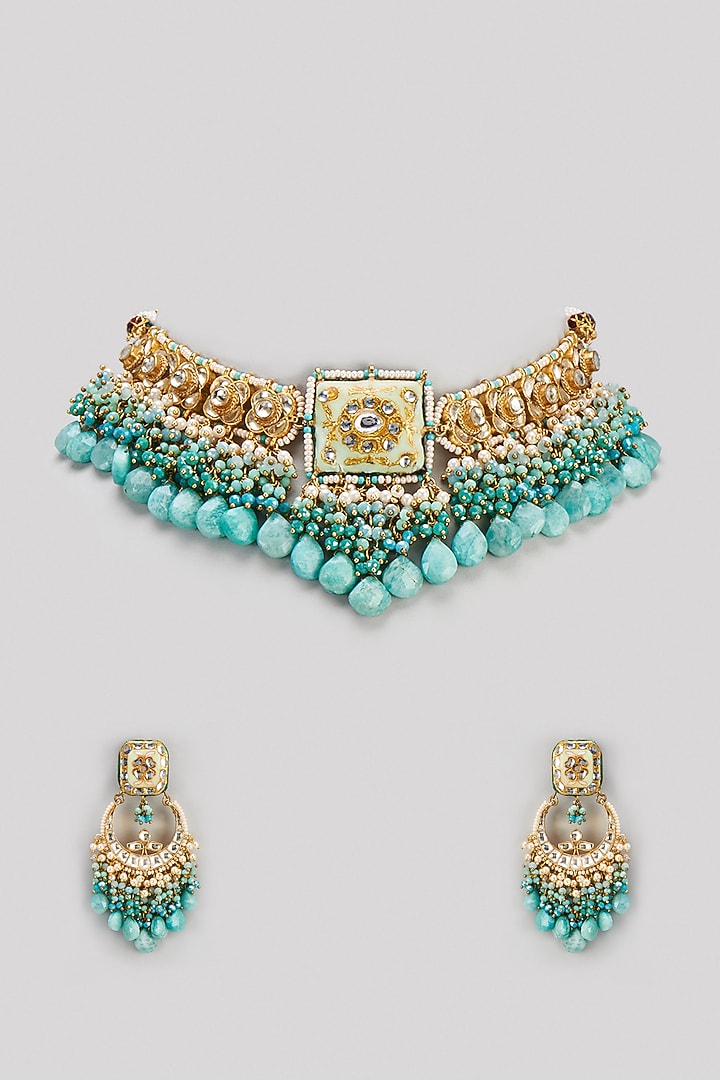Gold Finish Semi-Precious Stone & Pearl Meenakari Necklace Set by Turquoise Jewels at Pernia's Pop Up Shop