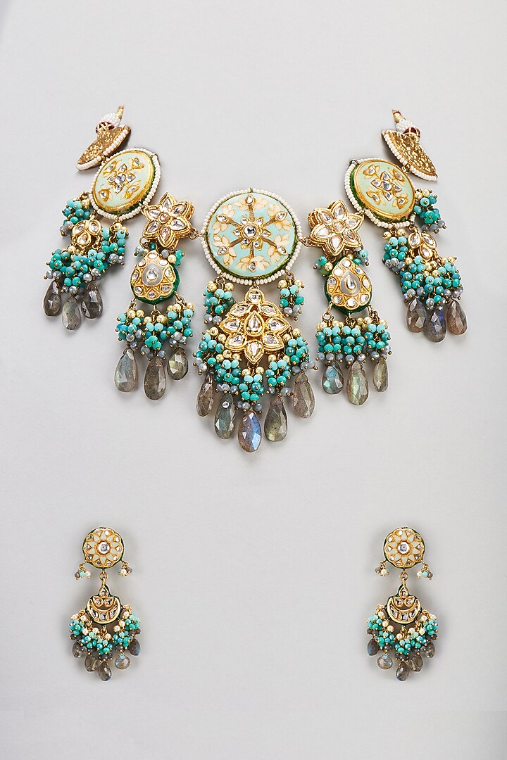 Gold Finish Semi-Precious Stone & Pearl Meenakari Necklace Set by Turquoise Jewels at Pernia's Pop Up Shop