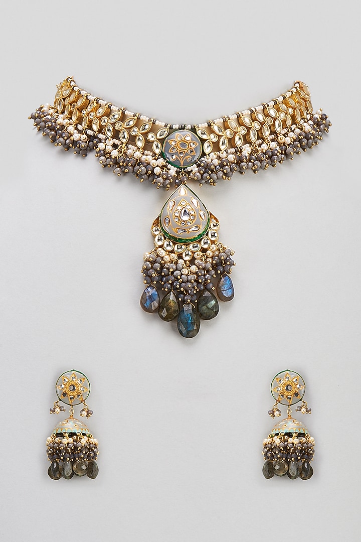 Gold Finish Semi-Precious Stone & Pearl Meenakari Necklace Set by Turquoise Jewels at Pernia's Pop Up Shop