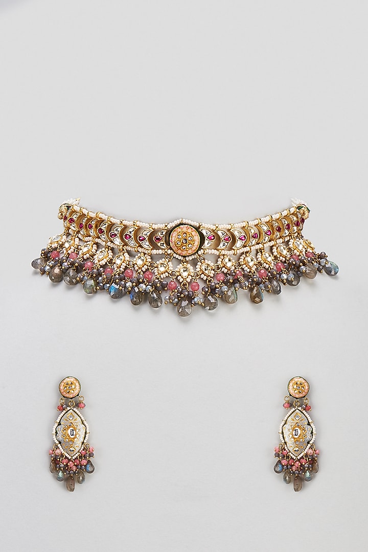 Gold Finish Semi-Precious Stone & Pearl Meenakari Necklace Set by Turquoise Jewels at Pernia's Pop Up Shop